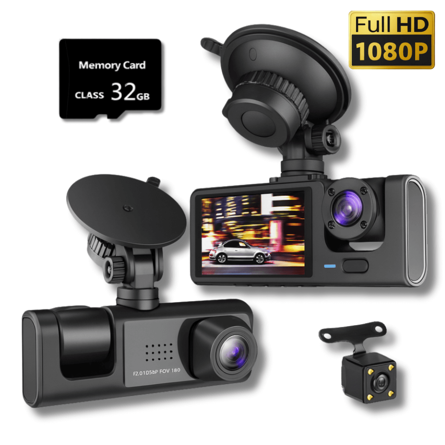 Camera Auto 3-in-1 Autiqo® – Full HD, Fata + Interior + Spate, Card 64GB Inclus, Night Vision