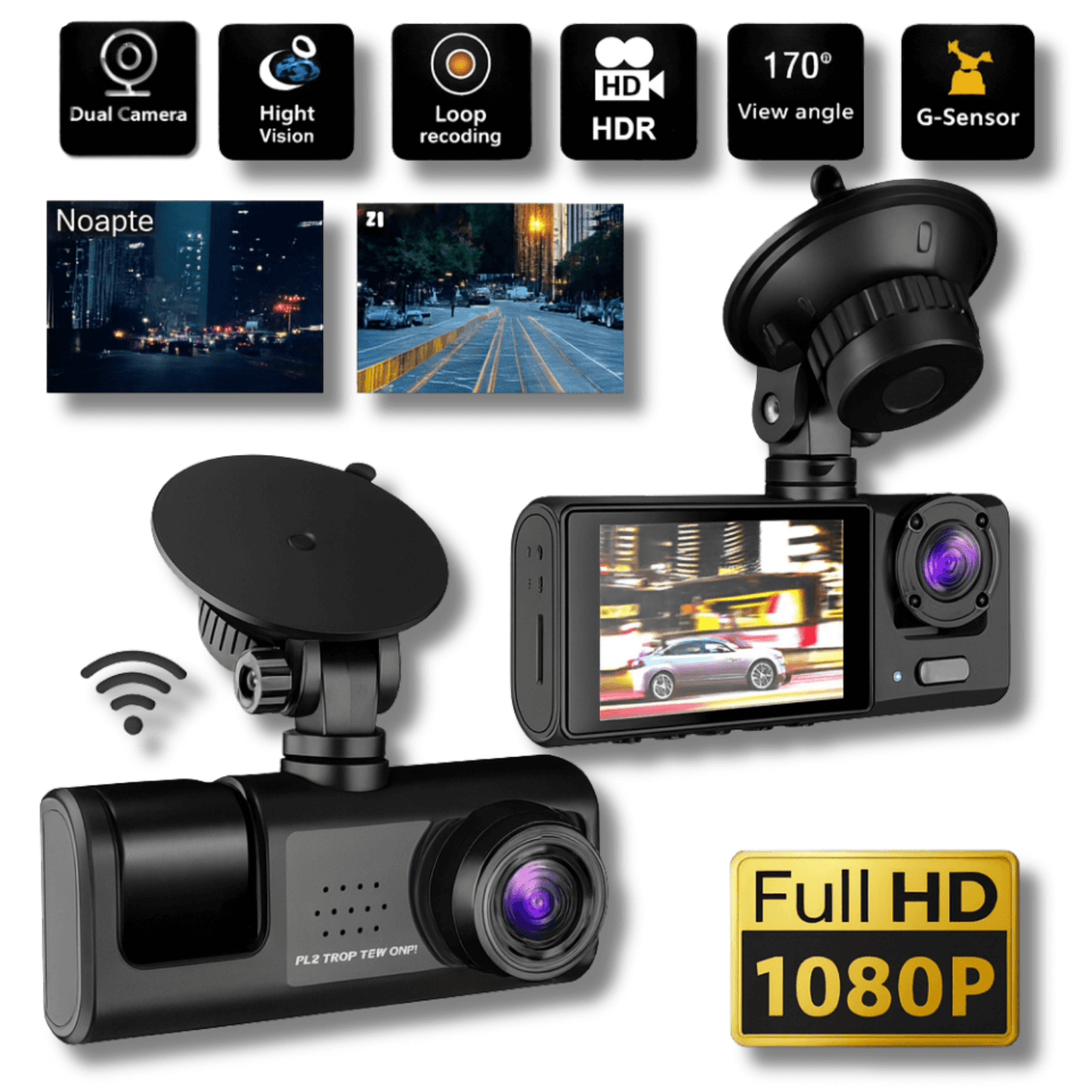 Camera Auto 3-in-1 Autiqo® – Full HD, Fata + Interior + Spate, Card 64GB Inclus, Night Vision