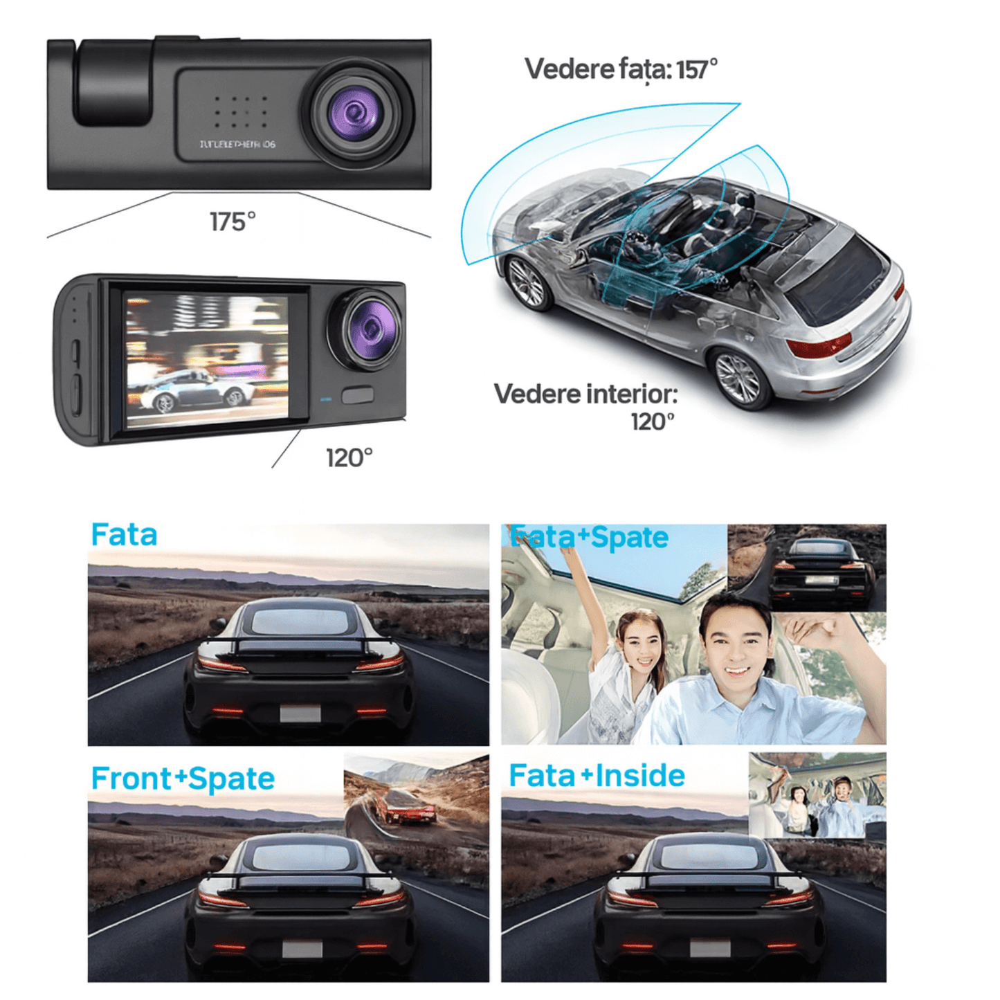 Camera Auto 3-in-1 Autiqo® – Full HD, Fata + Interior + Spate, Card 64GB Inclus, Night Vision